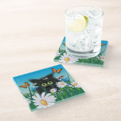 かわいいフワフワの黒猫とデイジーアート ガラスコースター (アングル)