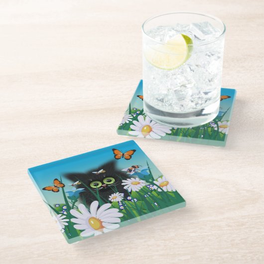 かわいいフワフワの黒猫とデイジーアート ガラスコースター (アングル)