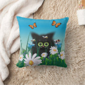 かわいいフワフワの黒猫とデイジーアート クッション (ブランケット)