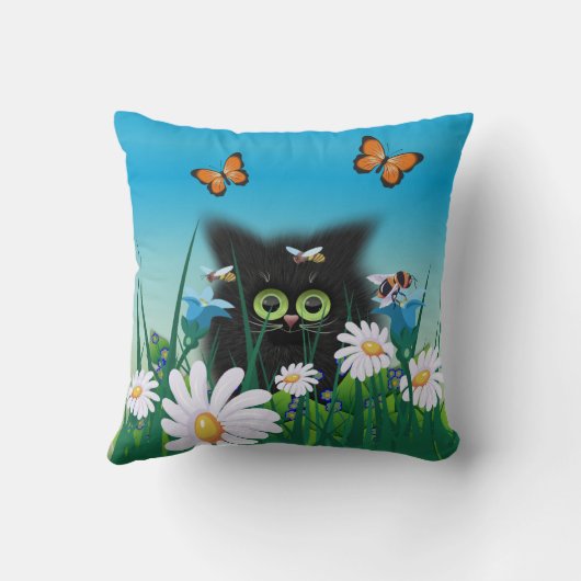 かわいいフワフワの黒猫とデイジーアート クッション (裏面)