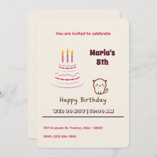 かわいいフワフワ猫お誕生日ケーキ 招待状 (正面/裏面)