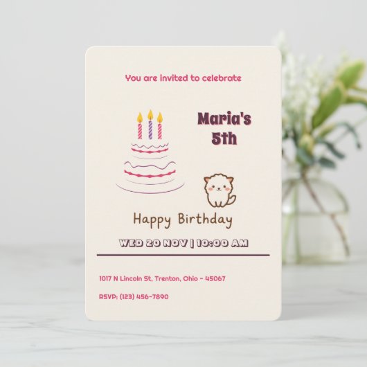 かわいいフワフワ猫お誕生日ケーキ 招待状 (スタンド正面)