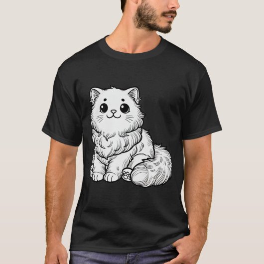 かわいいフワフワ猫白黒 Tシャツ (正面)