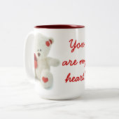 かわいいフワフワ白テディベアとハート ツートーンマグカップ (正面左)