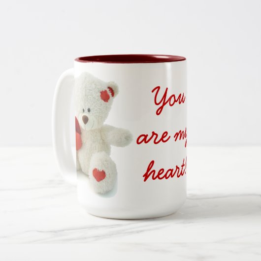かわいいフワフワ白テディベアとハート ツートーンマグカップ (正面左)