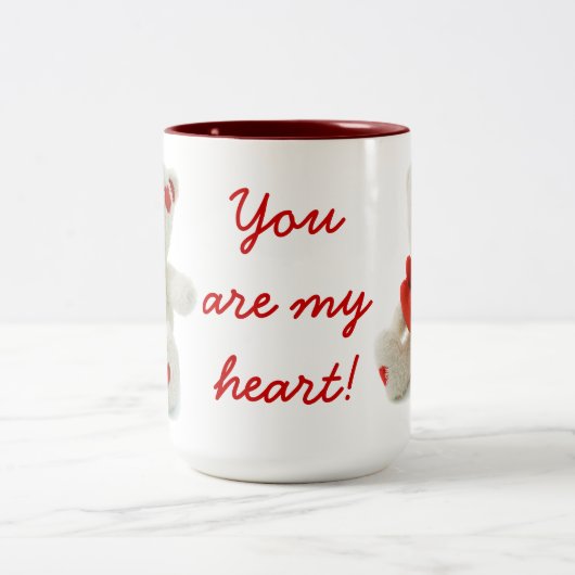 かわいいフワフワ白テディベアとハート ツートーンマグカップ (中央)