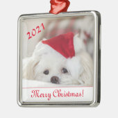 かわいいフワフワ白マルチーズパピードインザサンタハット メタルオーナメント (左)