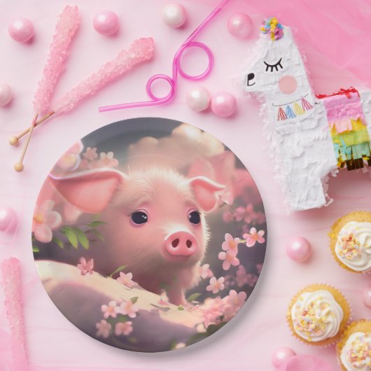 かわいいフワフワ豚 ペーパープレート (パーティー)