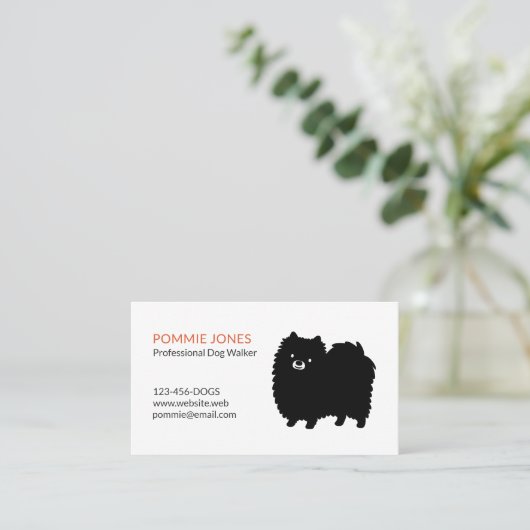かわいいフワフワ黒ポメラニア犬漫画の犬 名刺 (スタンド正面)