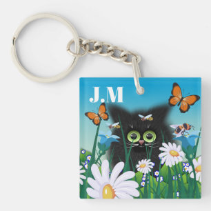 かわいいフワフワ黒猫とデイジーアートモノグラム キーホルダー