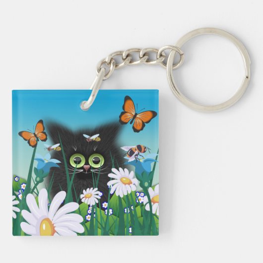 かわいいフワフワ黒猫とデイジーアートモノグラム キーホルダー (裏面)