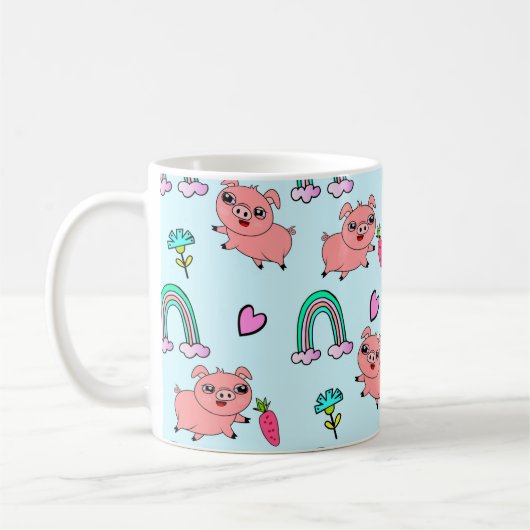 かわいいブタと虹のパターン コーヒーマグカップ (左)