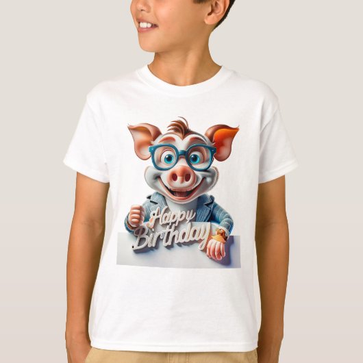 かわいいブタのキャラクター誕生日イラスト Tシャツ (正面)