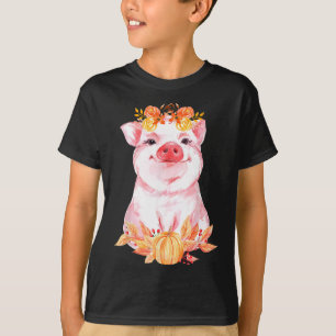かわいいブタの花柄の可愛い秋の農場の動物の豚 Tシャツ