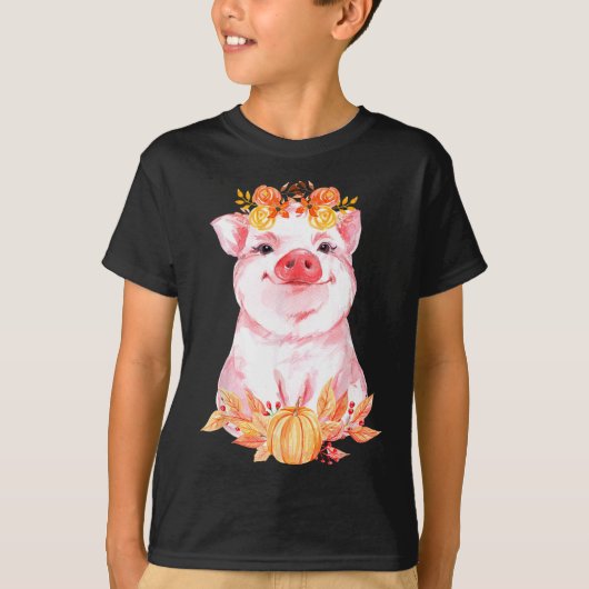 かわいいブタの花柄の可愛い秋の農場の動物の豚 Tシャツ (正面)