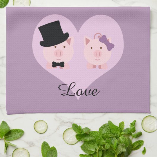 かわいいブタ夫婦 キッチンタオル (折り畳み)