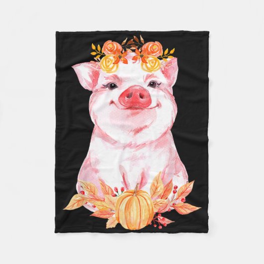 かわいいブタ 花柄 秋 紅葉 農場 動物 ブタ フリースブランケット (正面)