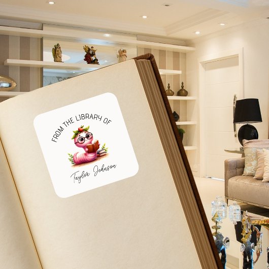 かわいいブックワームの本のシールパーソナライズされた蔵書票 スクエアシール