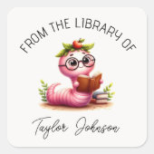 かわいいブックワームの本のシールパーソナライズされた蔵書票 スクエアシール (正面)