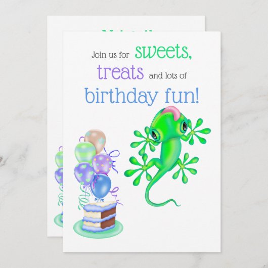 かわいいブライトグリーンリザードバースデーパーティー 招待状 (正面/裏面)