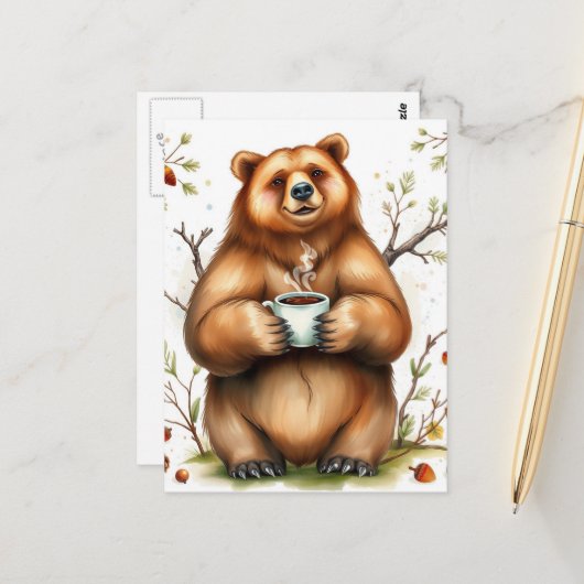 かわいいブラウンのクマとコーヒー ポストカード (正面/裏面インサイチュ)