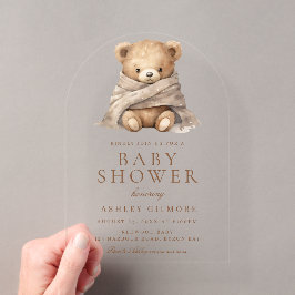 かわいいブラウンのテディベアベビーシャワー アクリル招待状