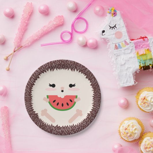 かわいいブラウンのハリネズミの食べ物のスイカの切れ ペーパープレート (パーティー)