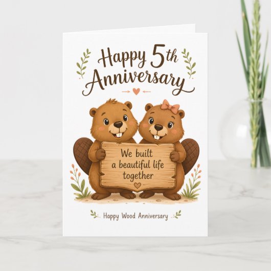 かわいいブラウンのビーバーカップル 5 周年記念ウッド カード (正面)