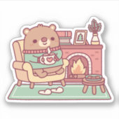 かわいいブラウンベアと居心地の良い暖炉 シール (正面)