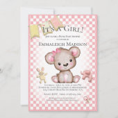 かわいいブラウンベアーベビーガールピクニックベビーシャワー 招待状 (正面)