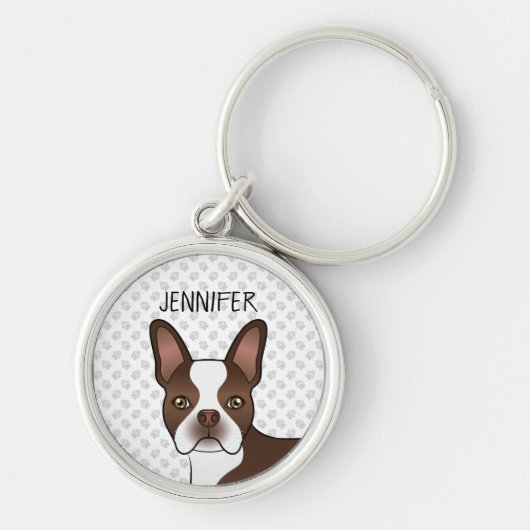 かわいいブラウン+ボストンテリアのキャラクター犬の顔と名前 キーホルダー (正面)