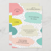 かわいいブラシストローク。ピンクとミントの子供の誕生日 招待状 (正面/裏面)
