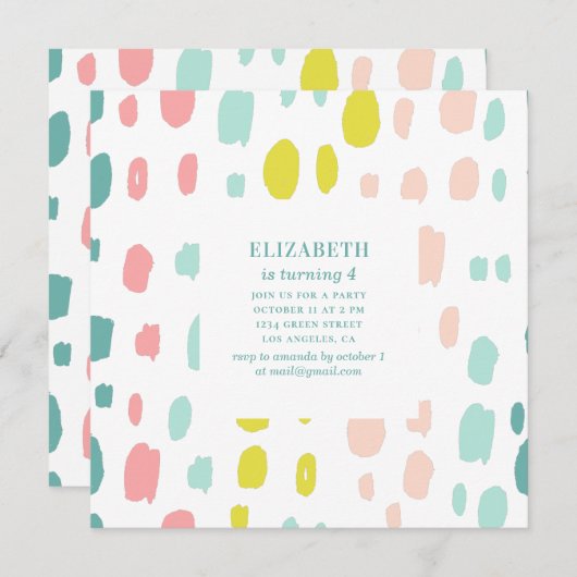 かわいいブラシストローク。ピンクとミントの子供の誕生日 招待状 (正面/裏面)