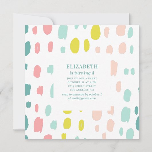 かわいいブラシストローク。ピンクとミントの子供の誕生日 招待状 (正面)
