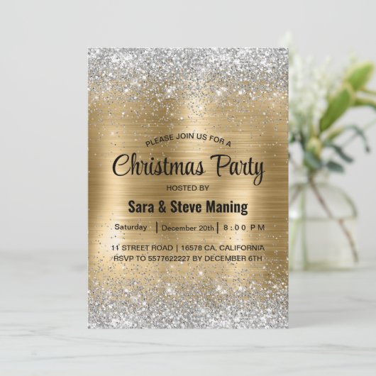 かわいいブラシ付き金ゴールドフェイクシルバーグリッタークリスマス 招待状 (スタンド正面)