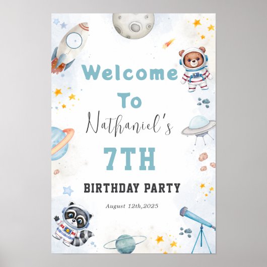 かわいいブラスト宇宙をテーマにした誕生日ウェルカムサイン ポスター (正面)