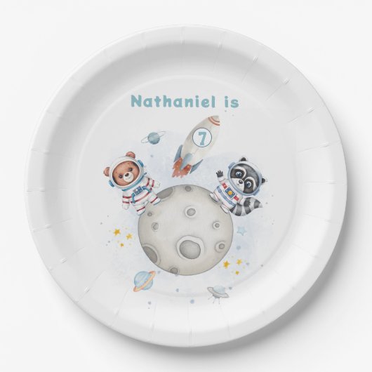 かわいいブラスト宇宙をテーマにした誕生日 ペーパープレート (正面)