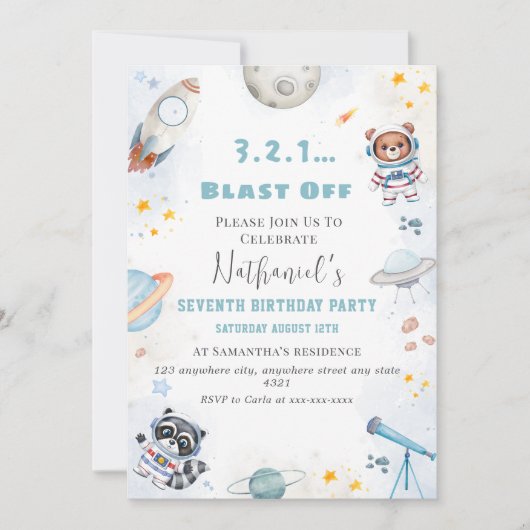 かわいいブラスト宇宙をテーマにした誕生日 招待状 (正面)