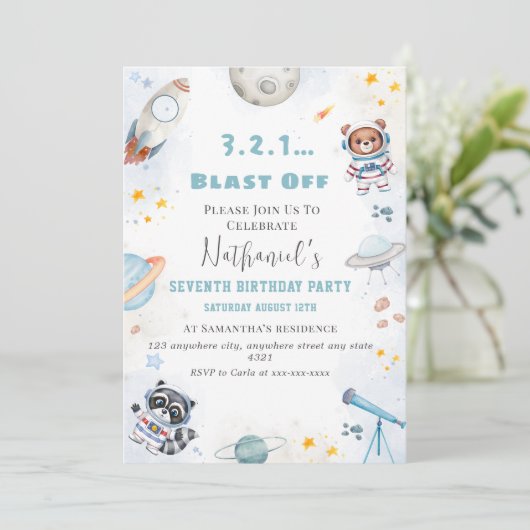 かわいいブラスト宇宙をテーマにした誕生日 招待状 (スタンド正面)