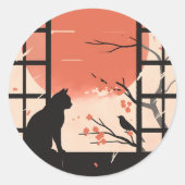 かわいいブラックキャットニアウィンドウ日本の- Eutistic ラウンドシール (正面)