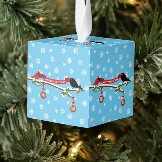 かわいいブラックバードと（鳥）ショウジョウコウカンチョウオンブランチ – メリークリスマス キューブオーナメント (ツリー)