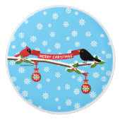 かわいいブラックバードと（鳥）ショウジョウコウカンチョウオンブランチ – メリークリスマス セラミックノブ (正面)