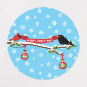 かわいいブラックバードと（鳥）ショウジョウコウカンチョウオンブランチ – メリークリスマス ラベル (デザイン1)