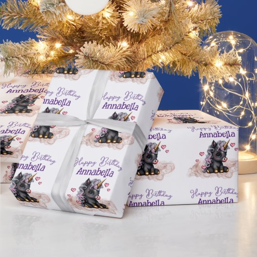 かわいいブラックベビーユニコーンとハート ラッピングペーパー (クリスマス)