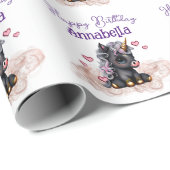 かわいいブラックベビーユニコーンとハート ラッピングペーパー (ロールコーナー)