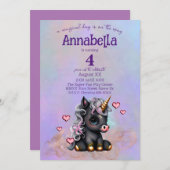 かわいいブラックベビーユニコーンとハート 招待状 (正面/裏面)