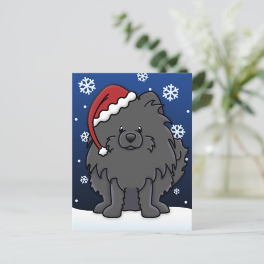 かわいいブラックポメラニア犬クリスマス シーズンポストカード (スタンド正面)