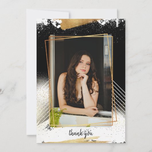 かわいいブラック&金ゴールド額卒業サンキューカード 招待状 (正面)