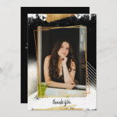 かわいいブラック&金ゴールド額卒業サンキューカード 招待状 (正面/裏面)