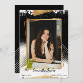 かわいいブラック&金ゴールド額卒業発表 招待状